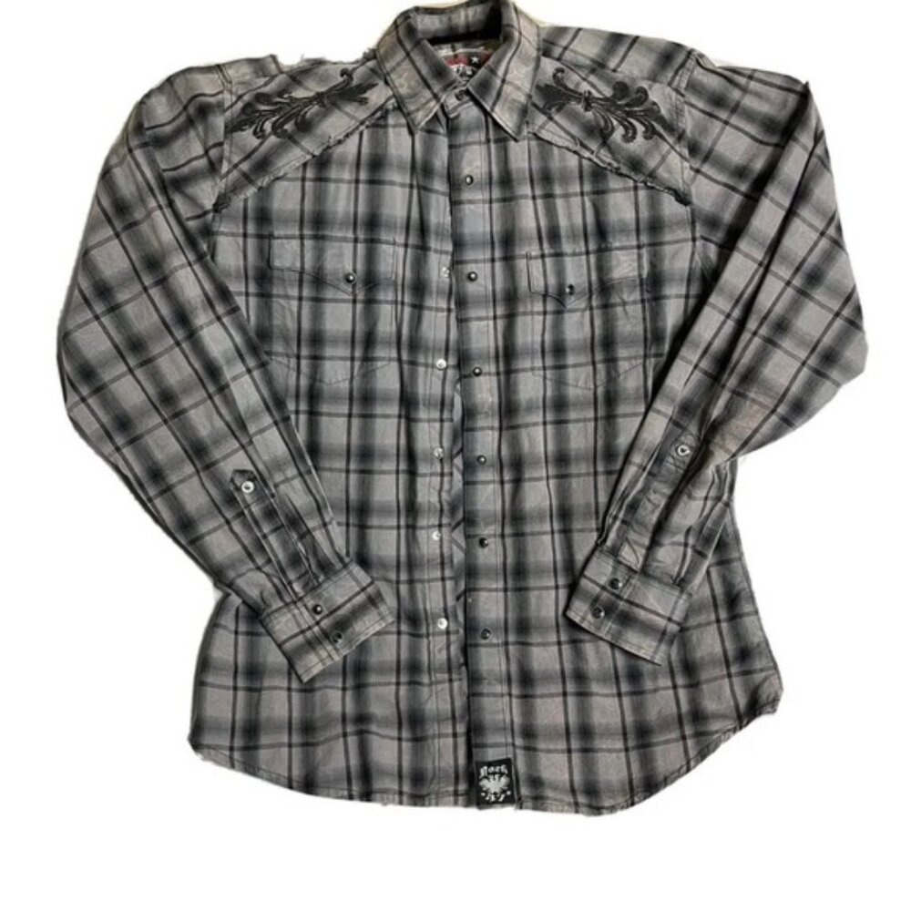 Rock 47 Wrangler Mens Western Shirt Black Embroidered Pearl Snap M